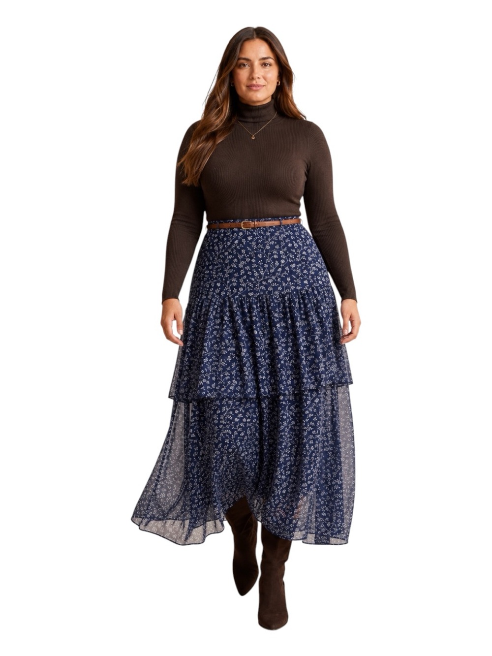 Lauren Ralph Lauren Navy Blue Floral Tiered Chiffon Maxi Skirt | Women’s 1X